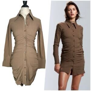 Zara | Women | Olive Green Ruched Collared Long Sleeve Mini Shirt Dress | Medium